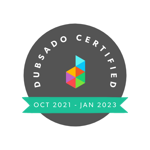 Certified Dubsado Specialist badge white Oct 2021 - Jan 2023